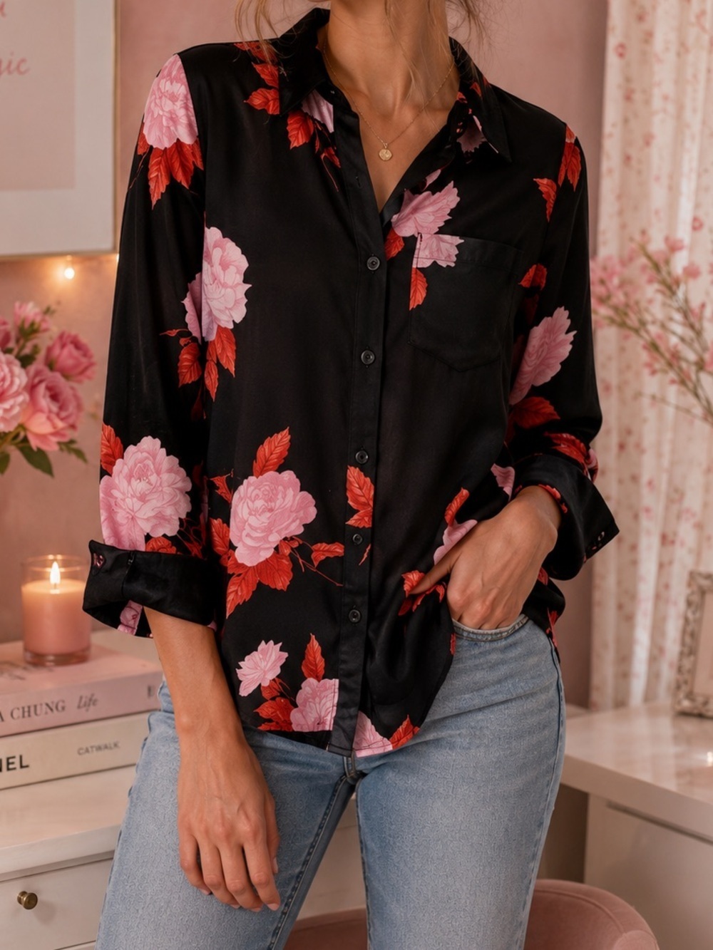 Who What Wear Black Shirt with Red and Pink Floral Design